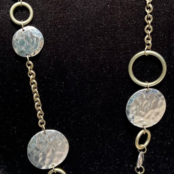 Chicos Necklace Long Chunky Boho Hinged Circle Hammered Silver Tone Gold Tone - Picture 2 of 3